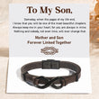 Load image into Gallery viewer, “Mother and Son Forever Linked Together&quot; Infinity Leather Thick Bracelet with card message

