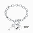 Load image into Gallery viewer, Personalized Initial Engraved Heart Memorial Bracelet on white background with an indicator &quot;Personalized Initial Here&quot;
