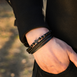Load image into Gallery viewer, male model wearing a black colored To My Son, Pray Through It Obsidian Leather Bracelet
