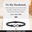 Load image into Gallery viewer, To My Husband, You Are Loved Personalized Dual Name Infinity Leather Bracelet Heartwarming Message Card
