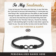 Load image into Gallery viewer, To My Soulmate, Personalized Dual Name Infinity Leather Bracelet with heartwarming message card
