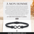Load image into Gallery viewer, Bracelet en cuir infini personnalisé &quot;À mon homme, pour toujours et à jamais&quot; avec deux noms, accompagné d&#39;une carte de message réconfortant.
