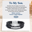 Load image into Gallery viewer, Photo of &quot;Mother and Son Forever Linked Together&quot; Magnetic Clasp Leather Bracelet and its message card
