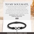 Load image into Gallery viewer, To My Soulmate, I Love You Forever Personalized Dual Name Infinity Leather Bracelet Message Card
