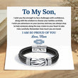 Load image into Gallery viewer, Photo of To My Son, I’m So Proud of You Linked Bracelet and its message card
