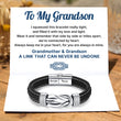 Load image into Gallery viewer, Grandmother &amp; Grandson “A Link That Can Never Be Undone” Forever Linked Bracelet with the card message.
