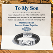 Load image into Gallery viewer, “Mother and Son Forever Linked Together&quot; Braided Leather Bracelet with SVANA Design message card
