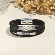 Load image into Gallery viewer, &quot;Mother and Son Forever Linked Together&quot; Personalized Magnetic Clasp Leather Bracelet on a beige canvas
