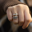 Load image into Gallery viewer, Silver plated dragon adjustable ring being worn by a model on her right finger ring
