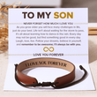 Load image into Gallery viewer, To My Son, Love You Forever Leather Bracelet on a white personalized message card
