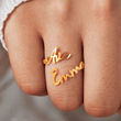 Load image into Gallery viewer, Personalized name gold ring worn by a model on her right ring finger
