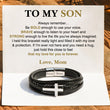 Load image into Gallery viewer, To My Son, Be Bold, Brave, and Strong Leather Cross Bracelet on a personalized message card 
