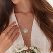 Load image into Gallery viewer, Round Tree of Life Pearl Silver Necklace worn by a female model
