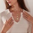 Load image into Gallery viewer, three Crystal Star of David Gold Coin Necklace worn on the neck and six Crystal Star of David Gold Coin rings worn on different fingers by a female model
