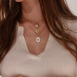 Load image into Gallery viewer, Multicolored Star of David  Gold Oval Pendant Necklace worn on the neck by a female model
