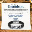 Load image into Gallery viewer, &quot;Grandparents and Grandson Forever Linked Together&quot; Braided Leather Bracelet placed on top of a folded heartfelt note
