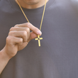 Load image into Gallery viewer, Personalized Memorial Cross Projection Gold Necklace worn by a model
