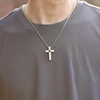 Load image into Gallery viewer, Personalized Memorial Cross Projection silver Necklace worn by a model
