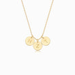 Load image into Gallery viewer, 3 gold disc pendants with engraved initial on gold necklace on white background
