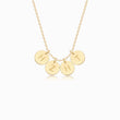 Load image into Gallery viewer, 4 gold disc pendants with engraved initial on gold necklace on white background
