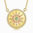 Load image into Gallery viewer, close up Round Jeweled Pink and Green Sunflower Gold Necklace on a white background
