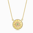 Load image into Gallery viewer, Round Jeweled Pink and Green Sunflower Gold Necklace on a white background
