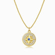 Load image into Gallery viewer, Jeweled Blue Star of David Gold Coin Necklace on a white background
