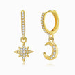 Load image into Gallery viewer, Jeweled Moon and Shine Gold plated Earrings on a white background
