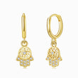 Load image into Gallery viewer, White Stone Spoked Hamsa Hand Gold Earrings

