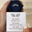Load image into Gallery viewer, model holding Personalized Angel Wing Ring inside a hexagon box and a personalized message card
