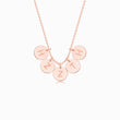 Load image into Gallery viewer, 5 rose gold disc pendants with engraved initial on rose gold necklace on white background

