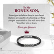 Load image into Gallery viewer, To My Bonus Son, Love You Forever Thin Braided Bracelet on a white customized message card

