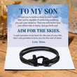 Load image into Gallery viewer, To My Son, Aim For The Skies Nautical Bracelet on a white personalized message card
