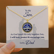 Load image into Gallery viewer, To My Son, Love Dad Pendant Necklace on a white personalized message card

