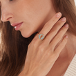 Load image into Gallery viewer, A model wearing Turquoise Stones Hamsa Hand Ring on her right hand
