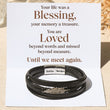 Load image into Gallery viewer, Until We Meet Again Memorial Feather Bracelet on a white personalized message card
