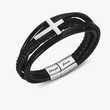 Load image into Gallery viewer, To My Son, Pray Wait &amp; Trust Leather Cross Bracelet on its side on a white background
