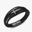 Load image into Gallery viewer, black plated To My Son, Pray Wait &amp; Trust Leather Cross Bracelet standing on its side on a white background

