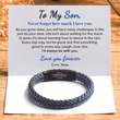 Load image into Gallery viewer, To My Son, Love You Forever Two-toned Leather Braided Bracelet on a personalized message card
