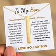 Load image into Gallery viewer, To My Son Pillar Bar Necklace hanging on a heartwarming message card
