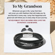 Load image into Gallery viewer, To My Grandson &quot;Love You To Infinity And Beyond&quot; Feather Bracelet on a personalized message card
