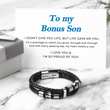 Load image into Gallery viewer, To My Bonus Son Leather Bracelet in front of a heartfelt note
